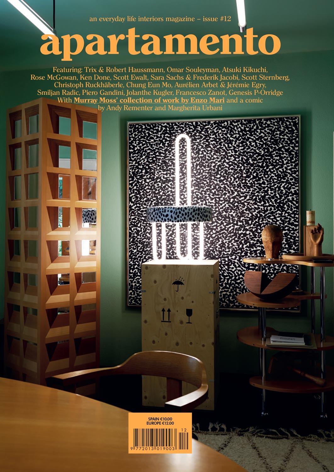 Apartamento magazine issue 12 cover, neon light sculpture and wooden partition screen in a green room