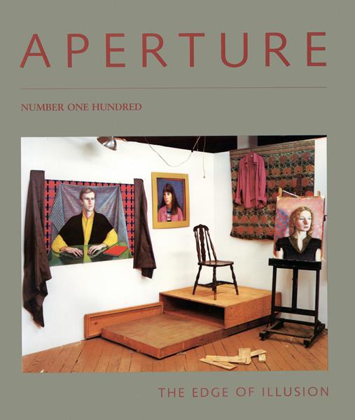 Aperture magazine issue 100 cover, The Edge of Illusion, staged studio scene with portrait paintings, an easel, and draped fabric