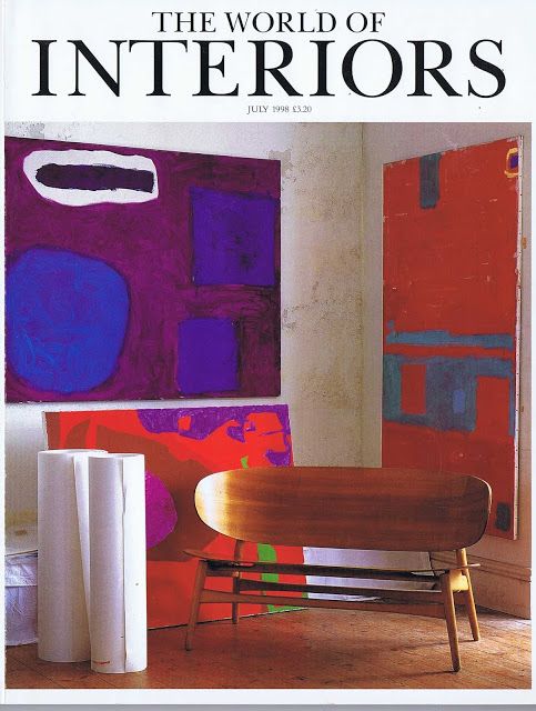 The World of Interiors magazine, July 1998 issue cover, abstract paintings by Patrick Heron stacked against a wall in his studio