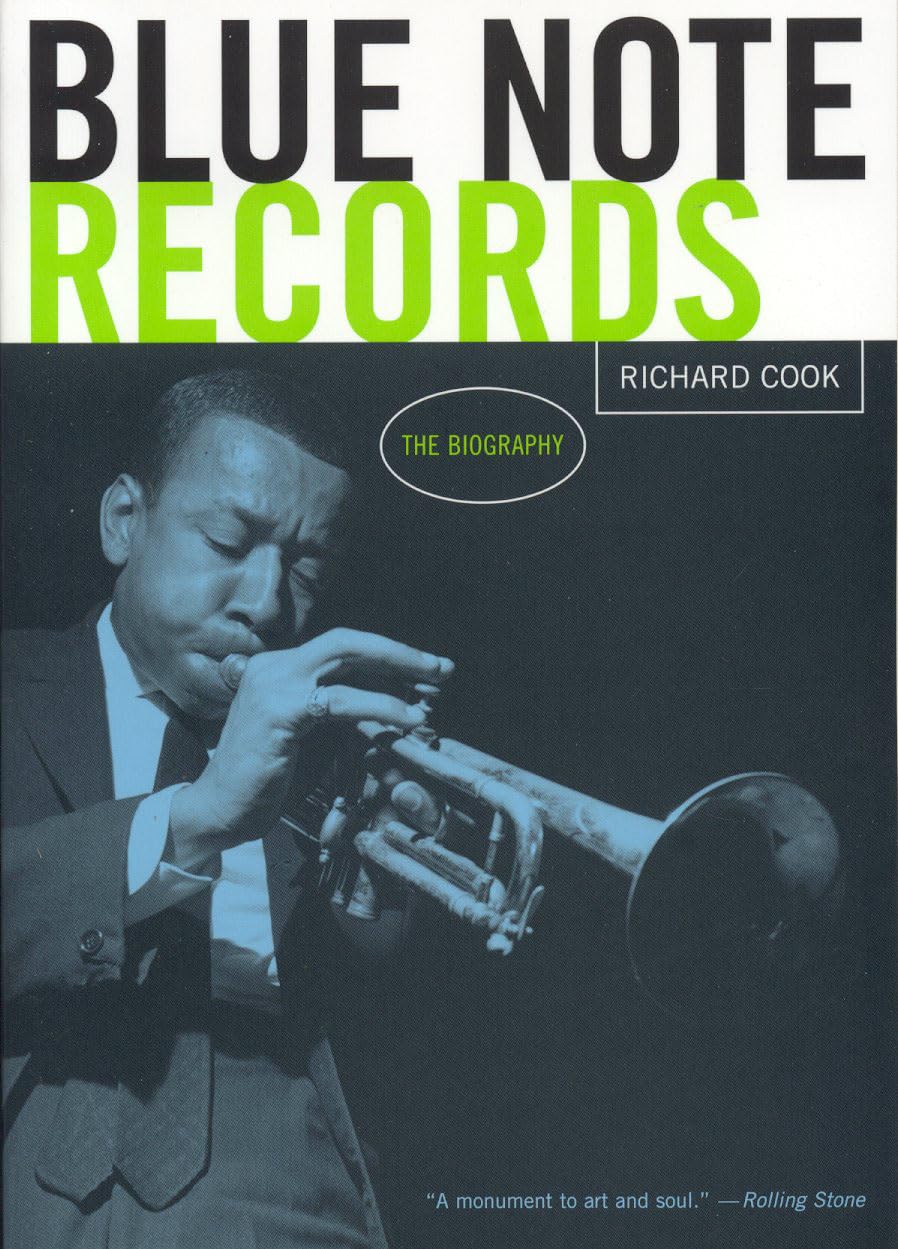 Blue Note Records The Biography book cover by Richard Cook, blue-toned photo of a trumpet player