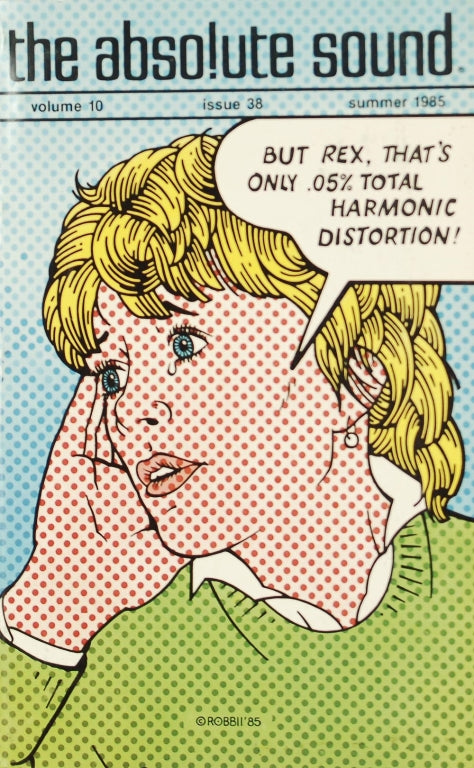 The Absolute Sound magazine cover, Volume 10 Issue 38, Summer 1985, comic-style illustration of a woman reacting to audio jargon