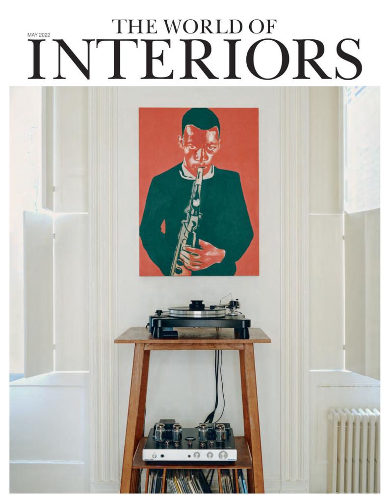 Front cover of The World of Interiors magazine May 2022 edition featuring a portrait painting of a saxophonist above a turntable